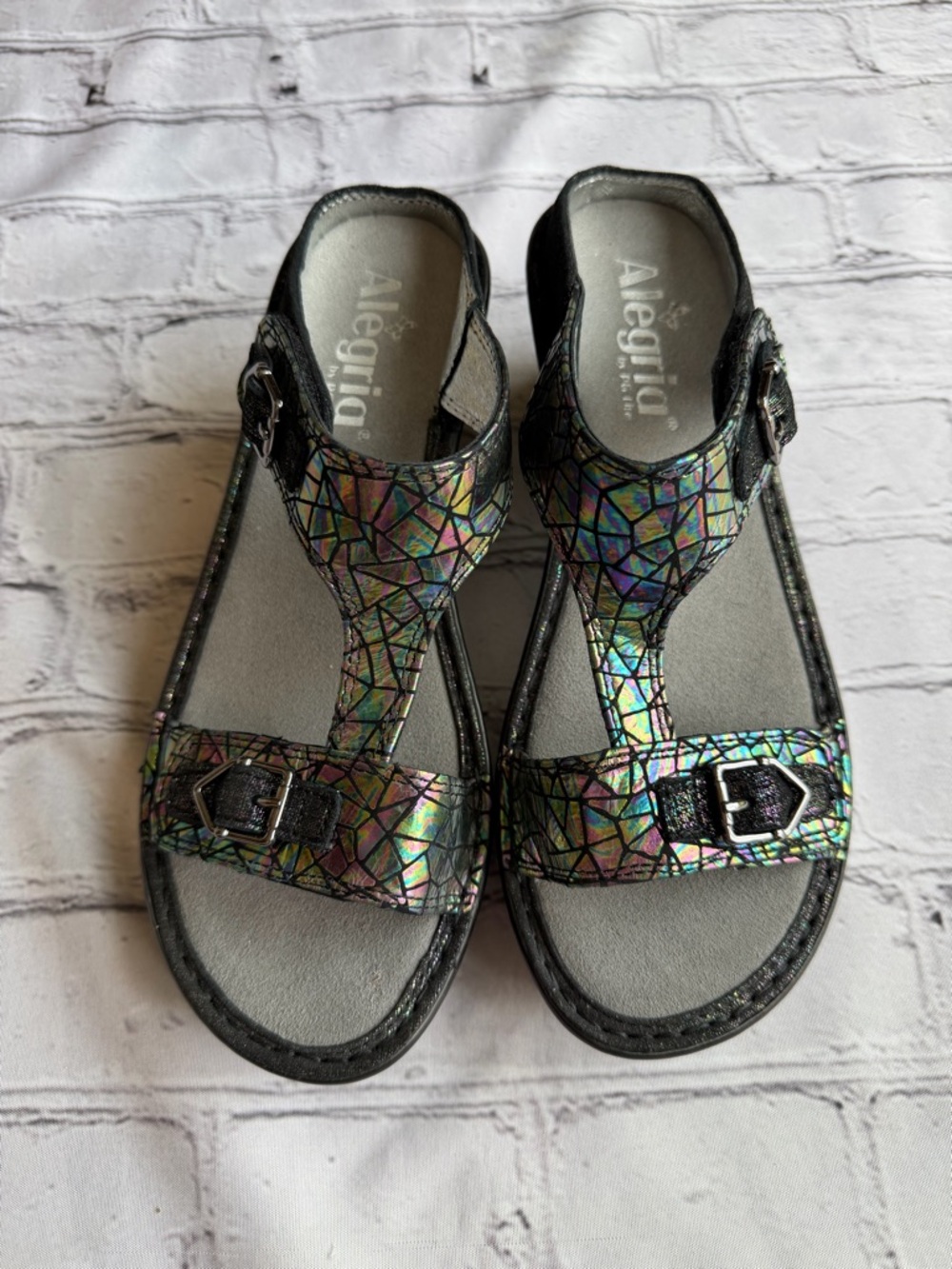 Alegria LAR-372 Sandals Glimmer Glam Comfort Brand New 36 Slide Artsy Colorful